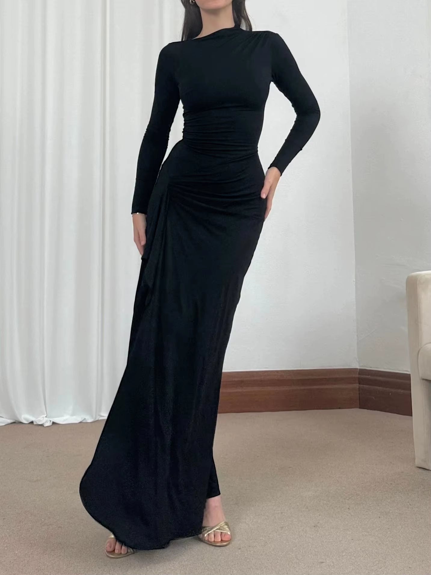 Elegant Ruched Irregular Evening Party Dress Women Solid High Split Slim Long Sleeve Maxi Dresses Party Club Outfits Vestidos Mu