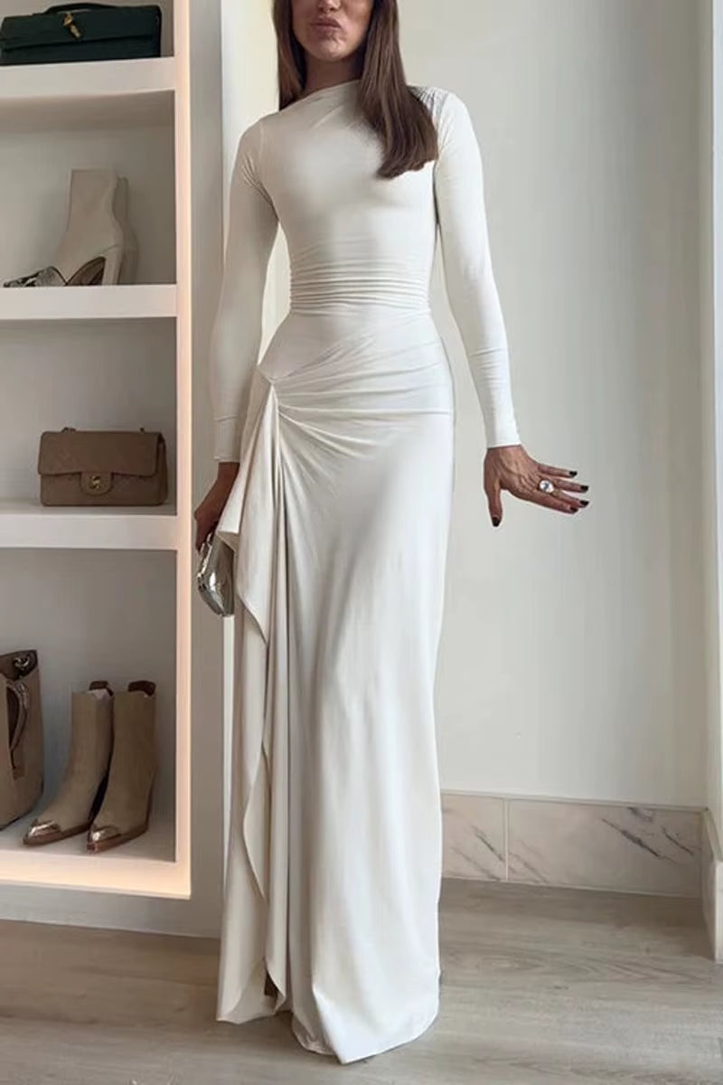 Elegant Ruched Irregular Evening Party Dress Women Solid High Split Slim Long Sleeve Maxi Dresses Party Club Outfits Vestidos Mu