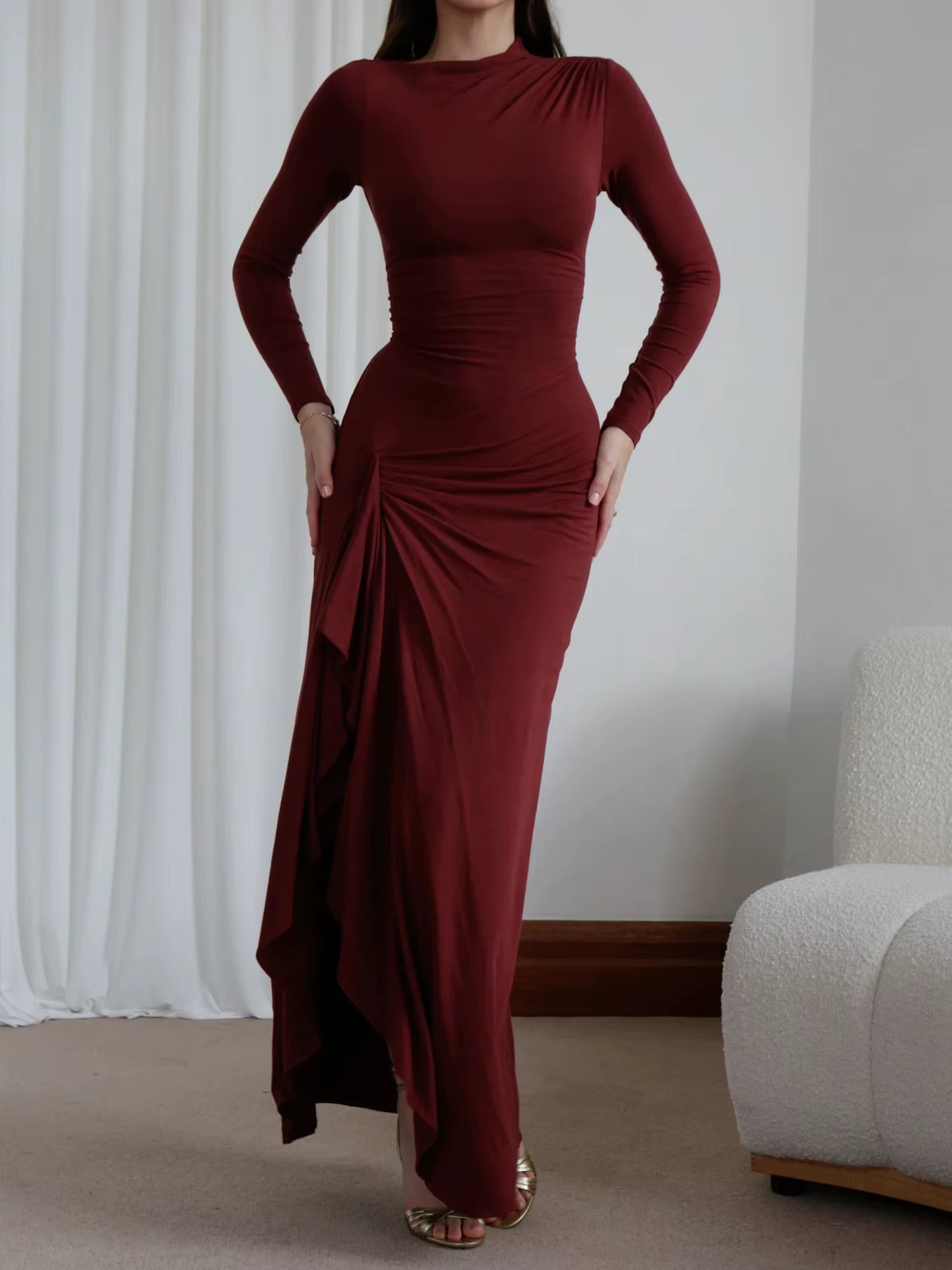 Elegant Ruched Irregular Evening Party Dress Women Solid High Split Slim Long Sleeve Maxi Dresses Party Club Outfits Vestidos Mu