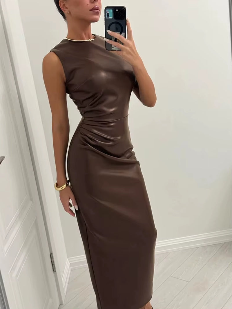 Sleeveless Leather Maxi Dress for Women Tight Pleated Sexy Hip-Hugging Dress Vestido Solid High Waist Party Female Dress