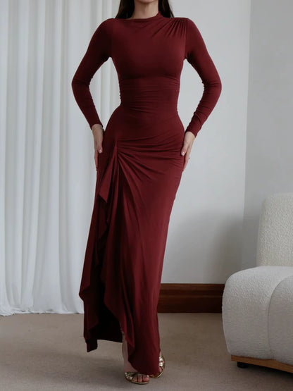 Elegant Ruched Irregular Evening Party Dress Women Solid High Split Slim Long Sleeve Maxi Dresses Party Club Outfits Vestidos Mu